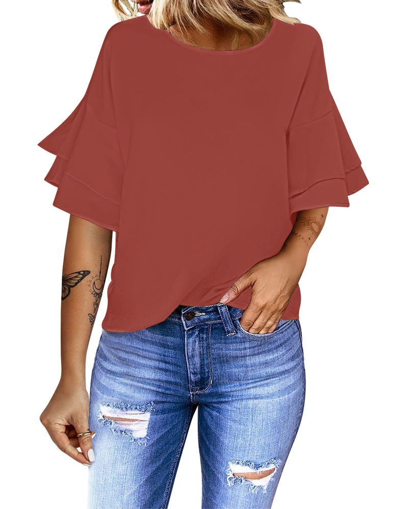 luvamia Women's Casual 3/4 Tiered Bell Sleeve Crewneck Loose Tops Blouses Shirt Tea Rose Size M - Image 1